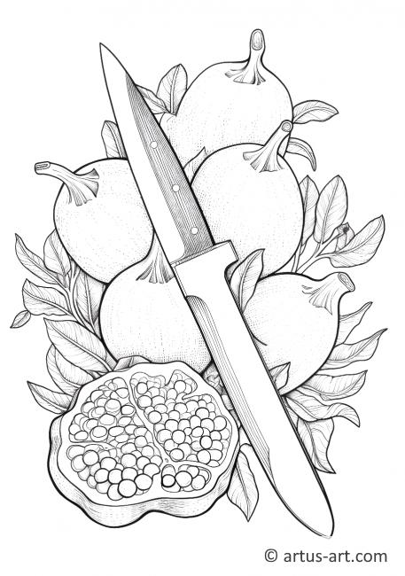 Granatapfel mit einem Messer Ausmalbild